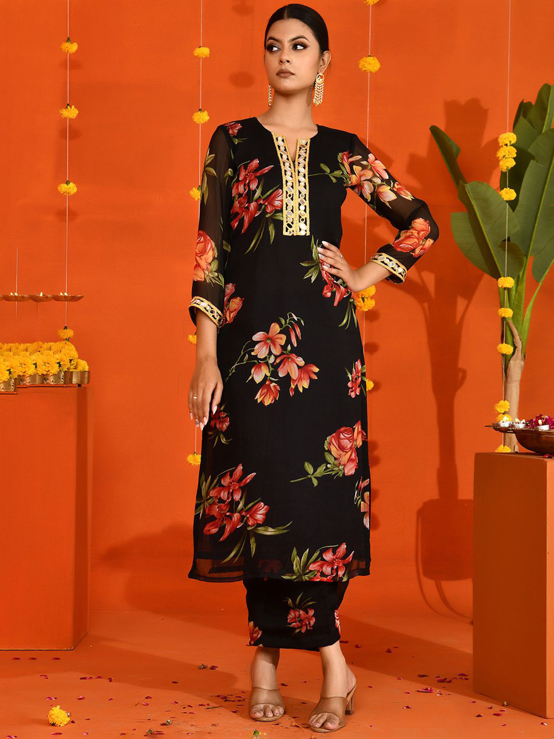 Bannhi by Priyanka Rathore  Floral Printed Miror Work Straight Kurta With Palazzos