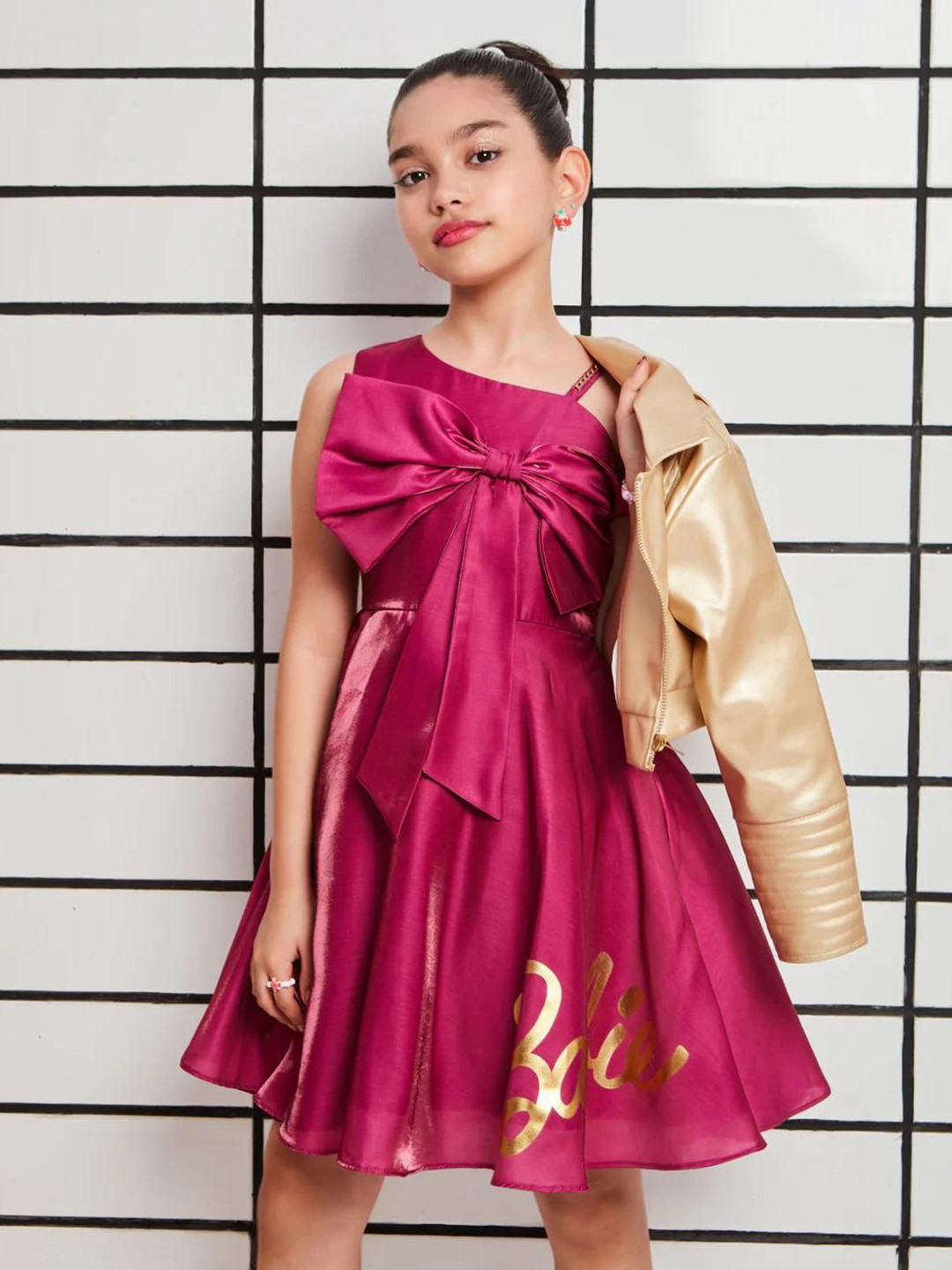 Tiny Girl Girls Typography Printed Bow Asymmetric Neck Fit & Flare Dress