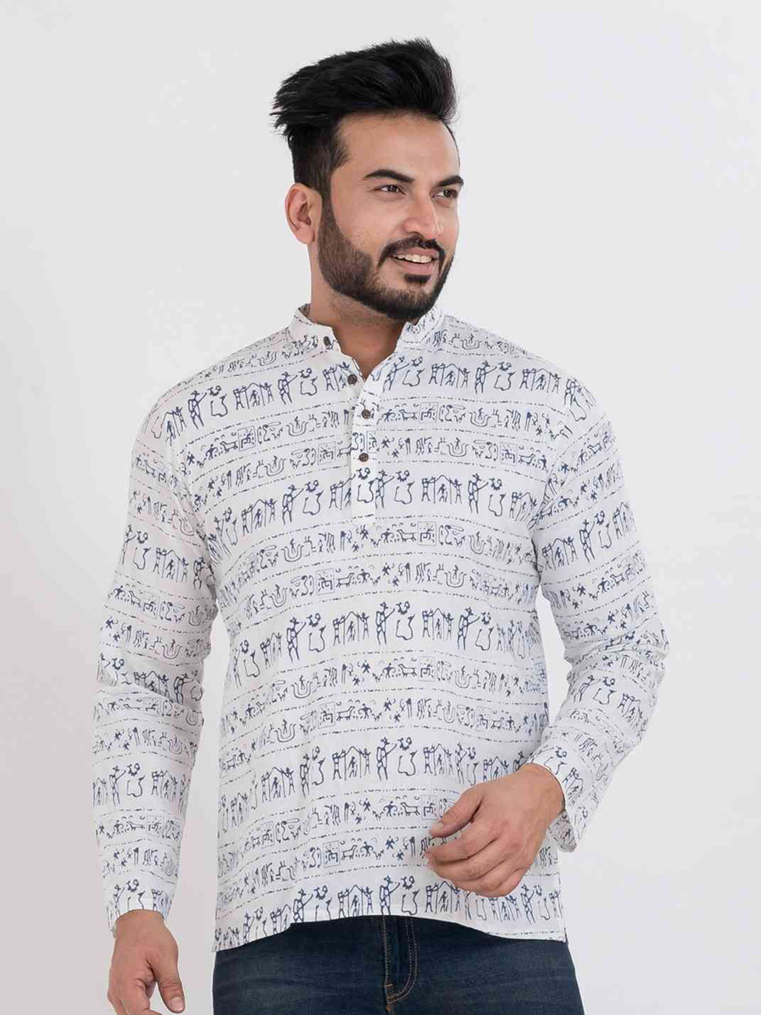 Sultan The King Of Kurta Tribal Printed Band Collar Cotton Short Kurta