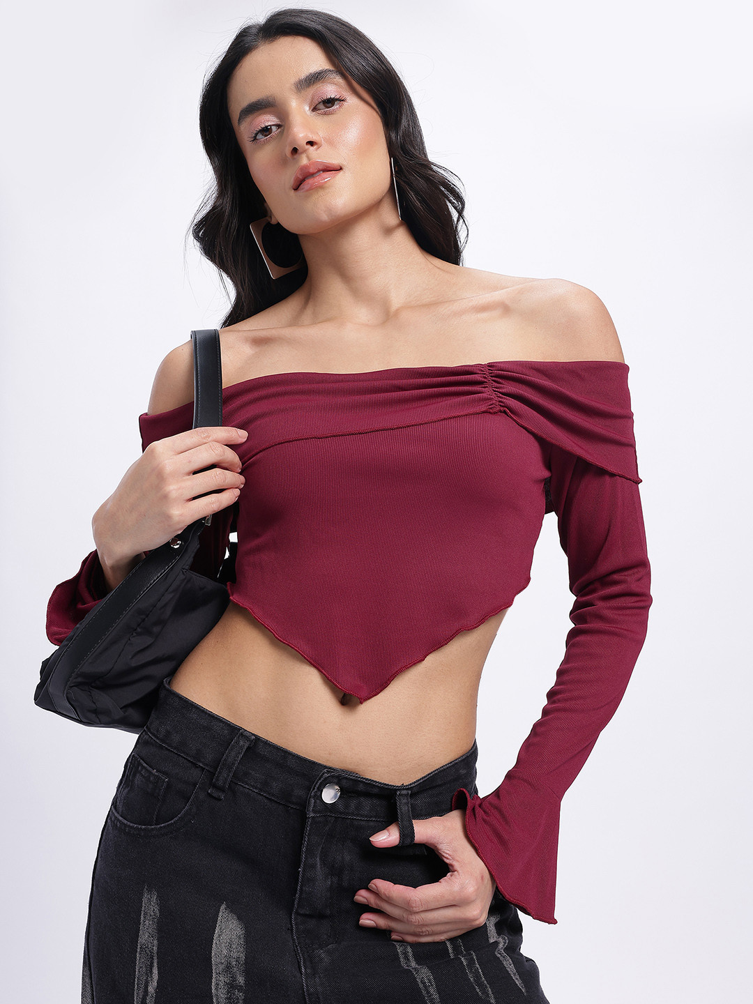 Ribbed Off-Shoulder Bell Sleeves Asymmetric Crop Top