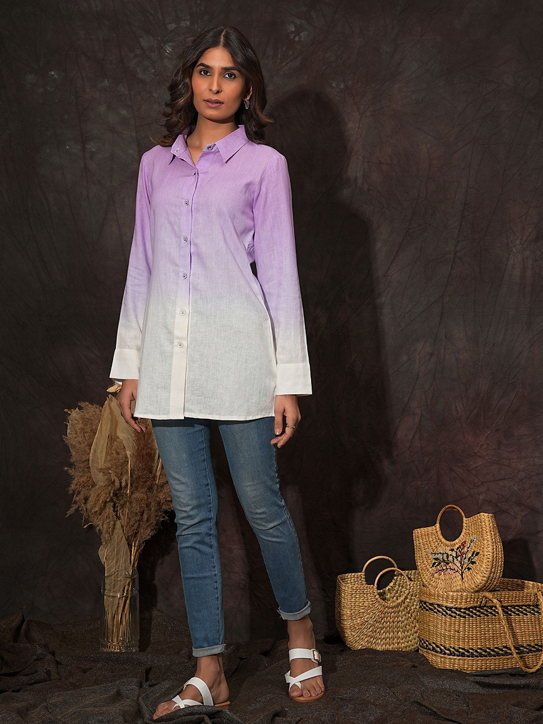 Golden Mirror Ombre Spread Collar Linen Casual Shirt