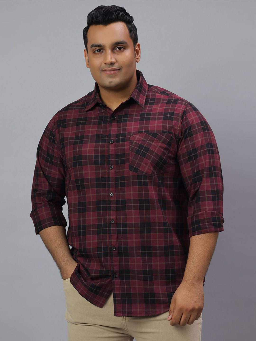 NEON CHILLIE Plus Size Checked Spread Collar Classic Slim Fit Cotton Shirt