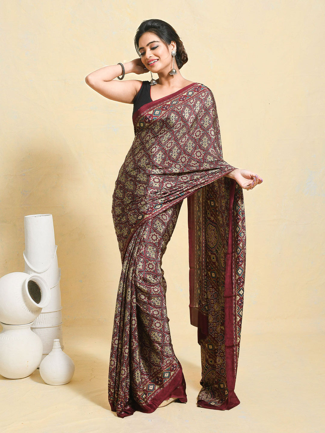 Rupeshwari Ajrak Block Printed Satin Saree