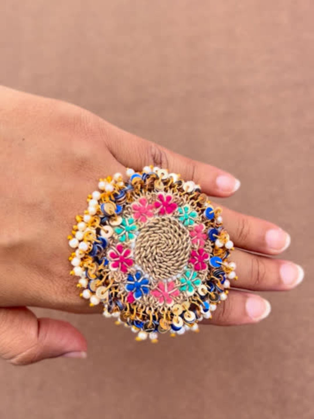 Kanyaadhan Gold Toned Beaded & Embroidered Adjustable Finger Ring