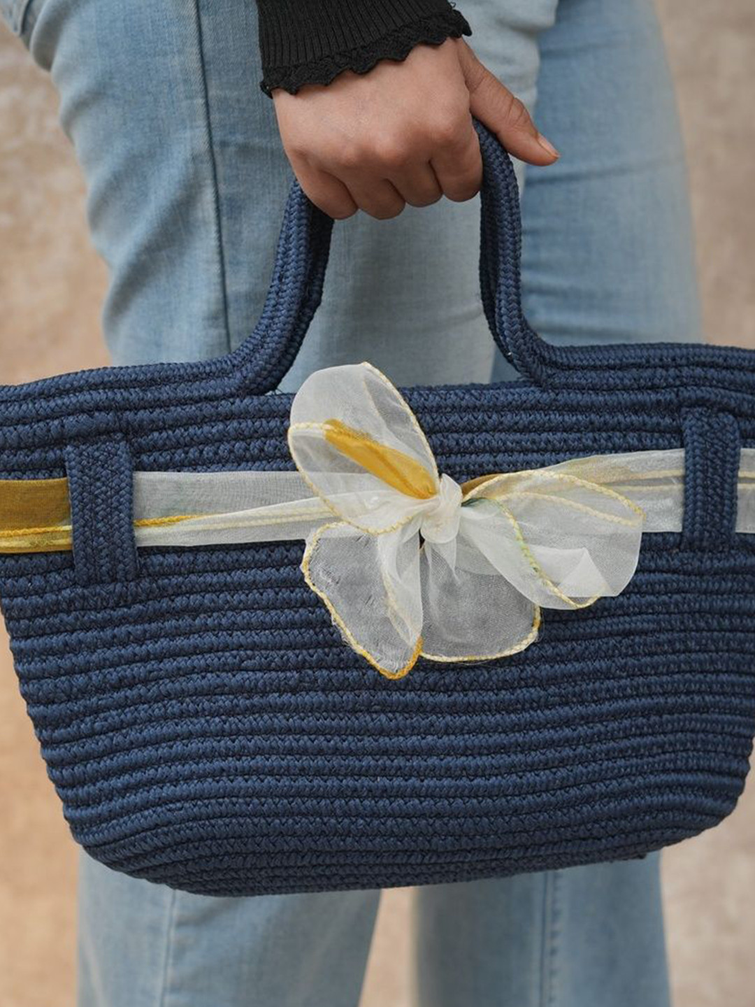 Ariya Women Blue Cotton Blend Handbag with Ribbon