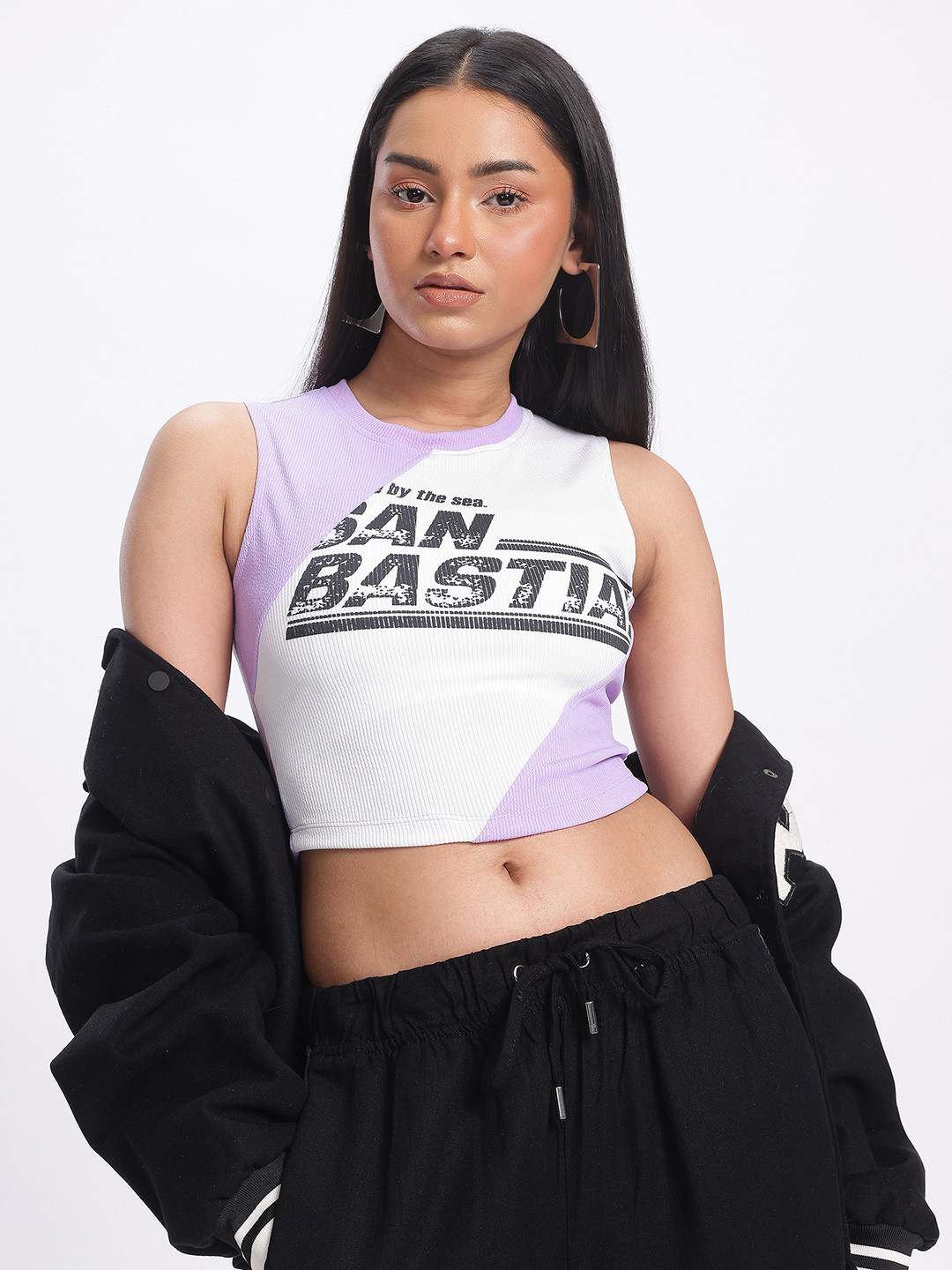 glitchez Panelled Typography Print Ribbed Crop Fitted Top