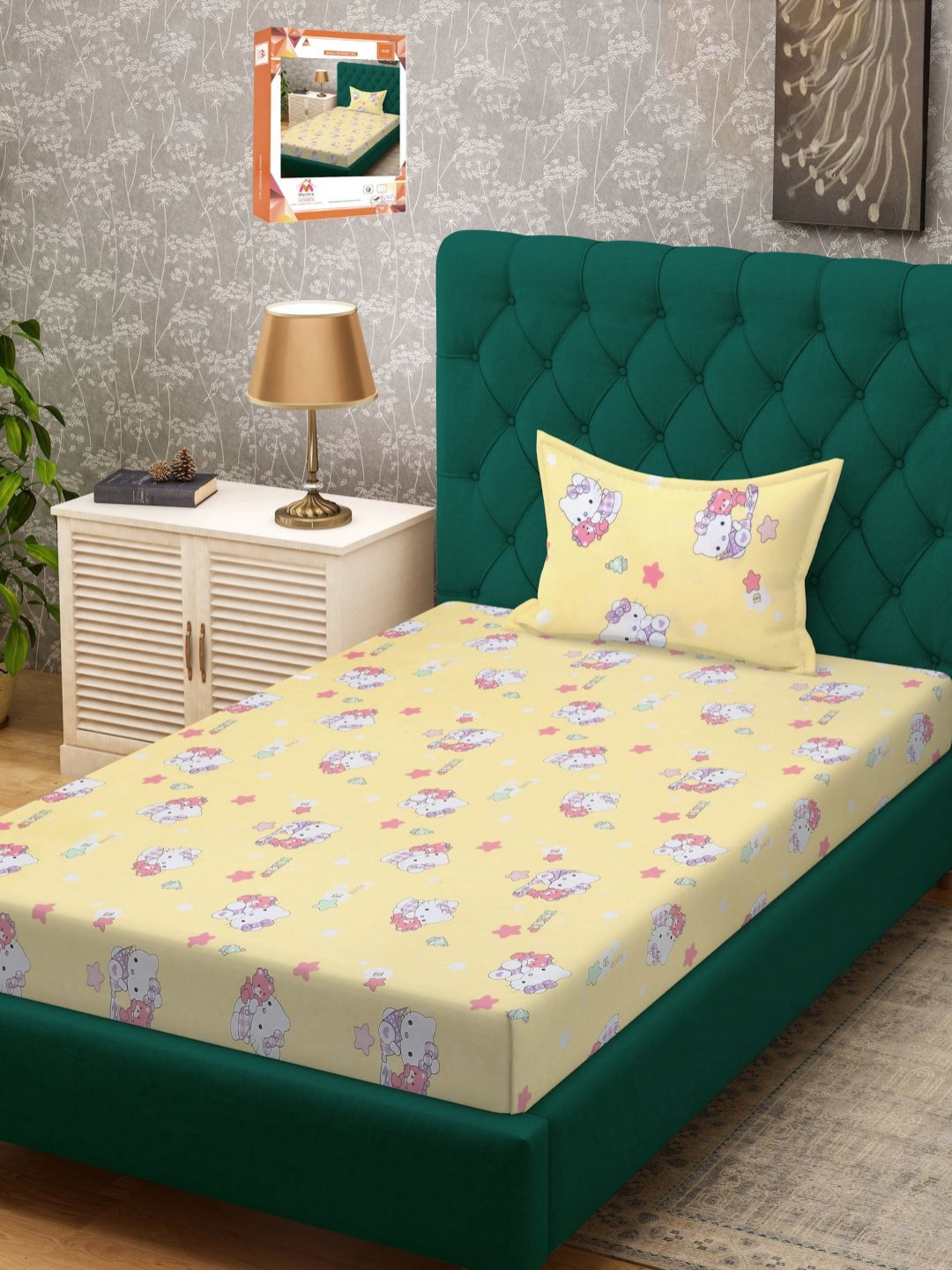 Myntra Elegant Homes Yellow & White Printed Cotton 400TC Single Bedsheet Set-2.25m X 1.50m