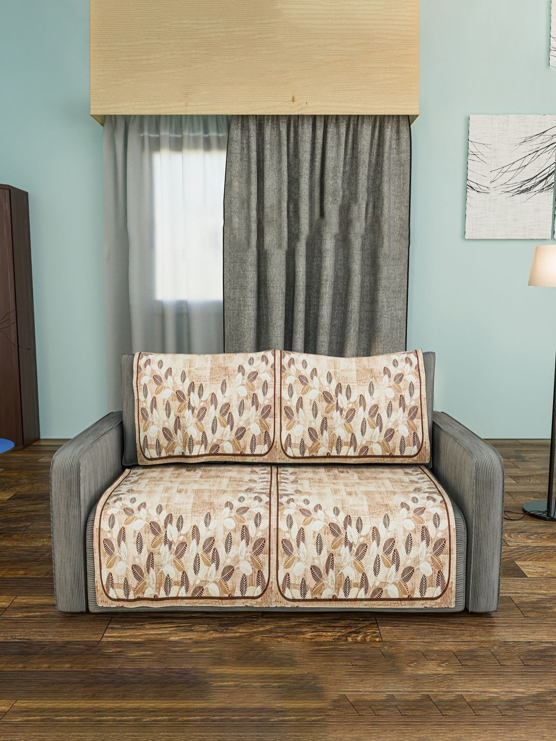 Aura 4 Piece Brown & White Printed Velvet 2 Seater Sofa Cover