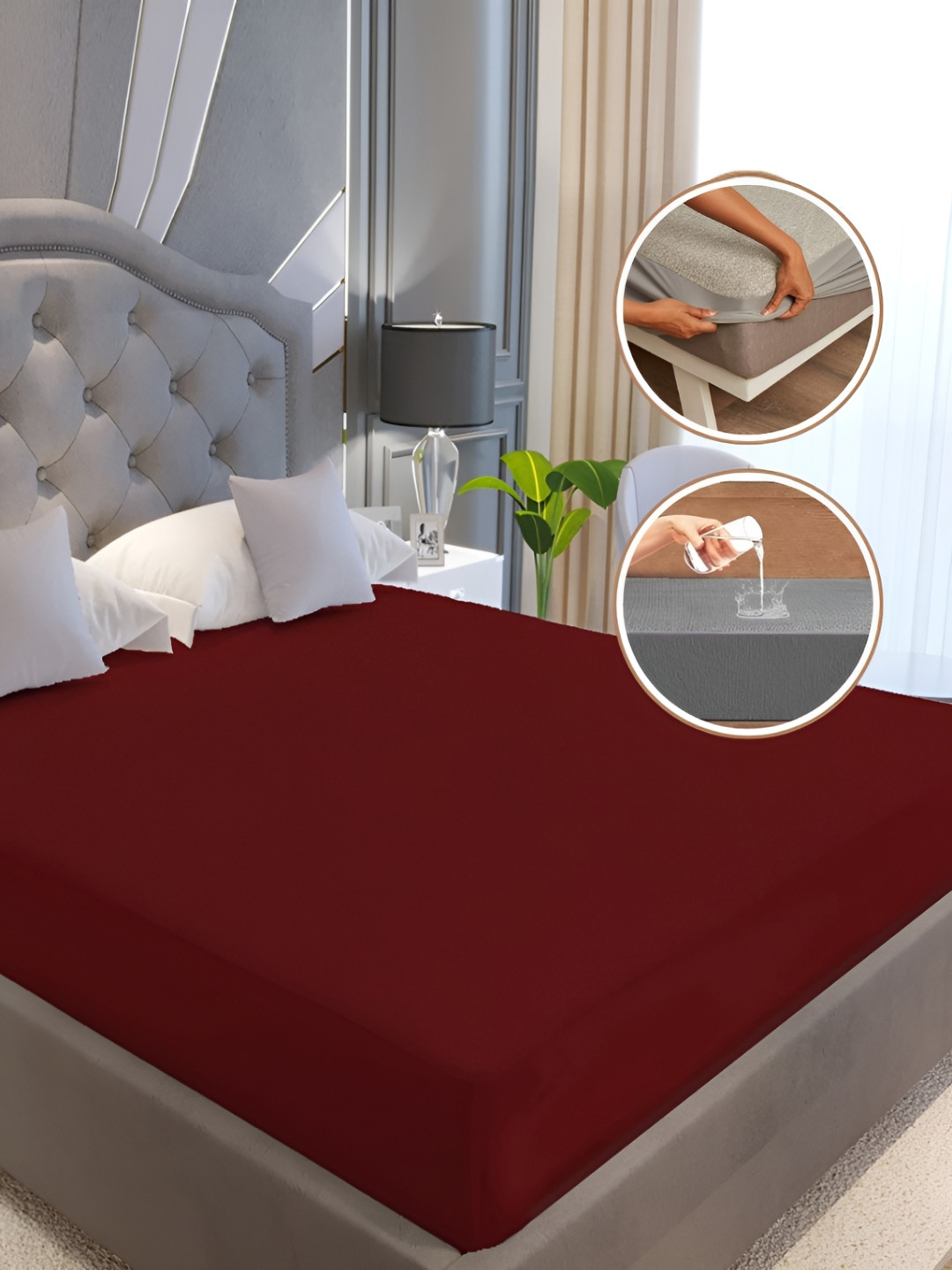 POORAK Maroon Terry Water Resistant Breathable Stretchable Mattress Protector