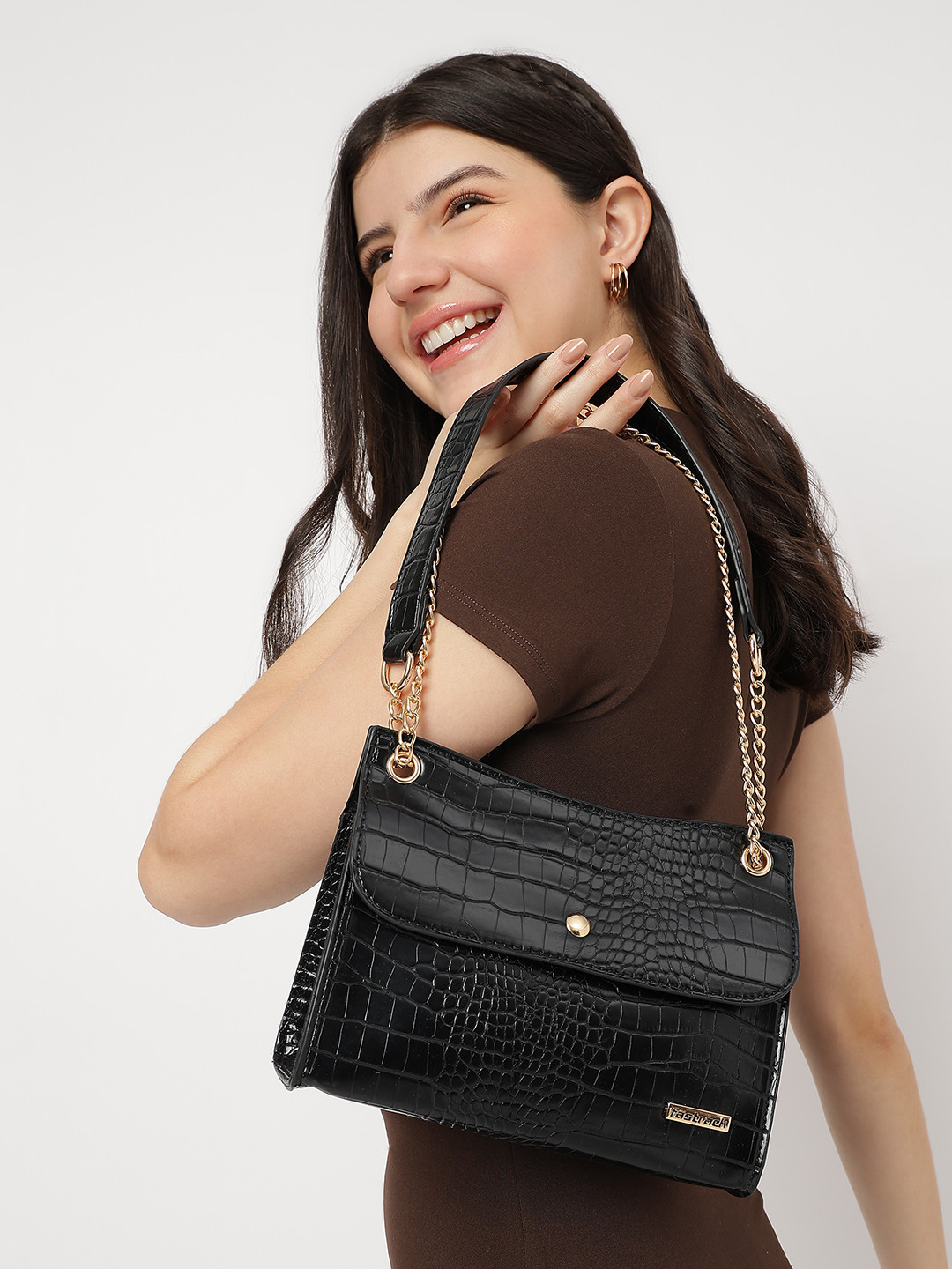 Fastrack Black Croco Textured Structured Shoulder Bag