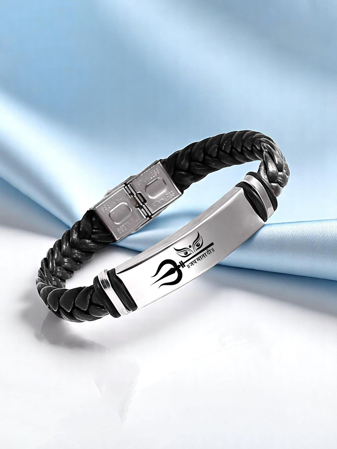 M Men Style Jai Matadi Printed Stainless Steel & Braided Leather Wraparound Bracelet