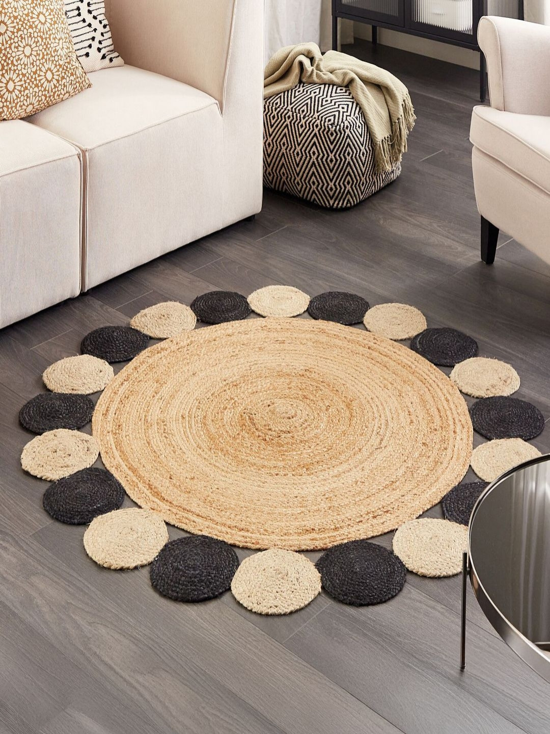 THEGASBH Brown Geometric Braided Contemporary Round Jute Carpet