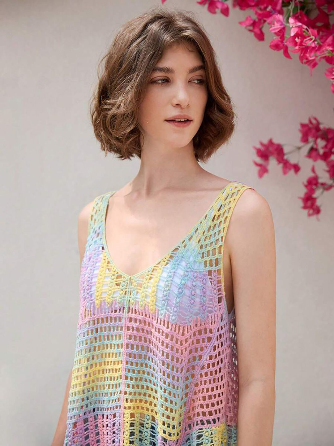 JC Mode Women Self Design V-Neck Crochet Top