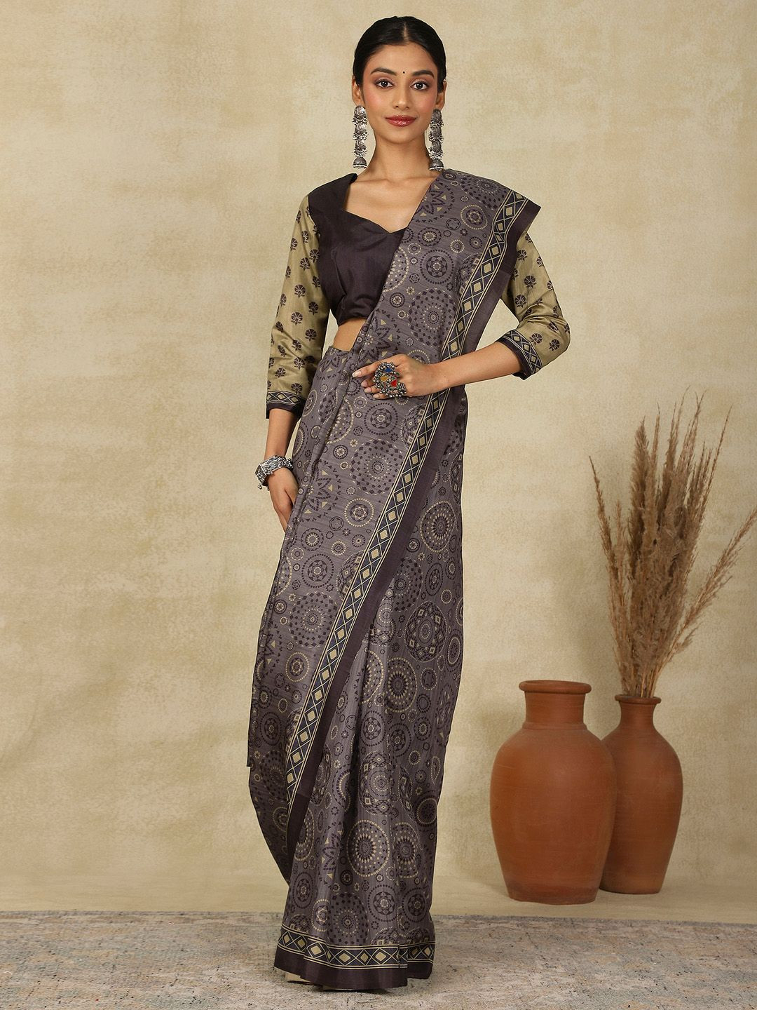 all about you modal Ajrak Block Printed Saree with Blouse Piece