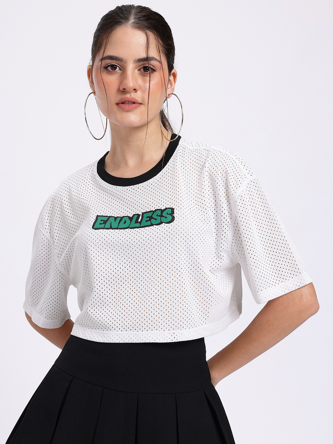 glitchez Printed Crop Boxy Perforated T-shirt
