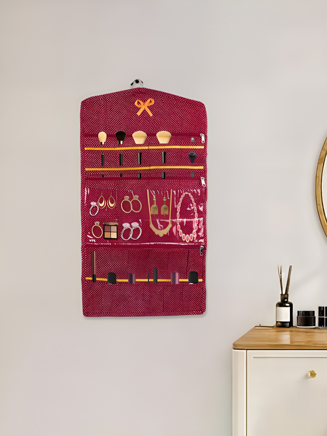 Aura Maroon Printed Cotton Wardrobe Makeup Organiser
