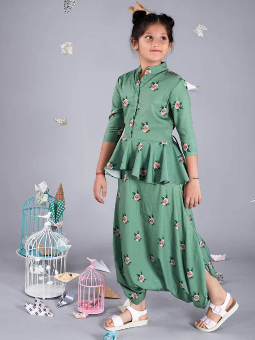 Pasha Seafoam Green Peplum Dhoti Jumpsuit Kids
