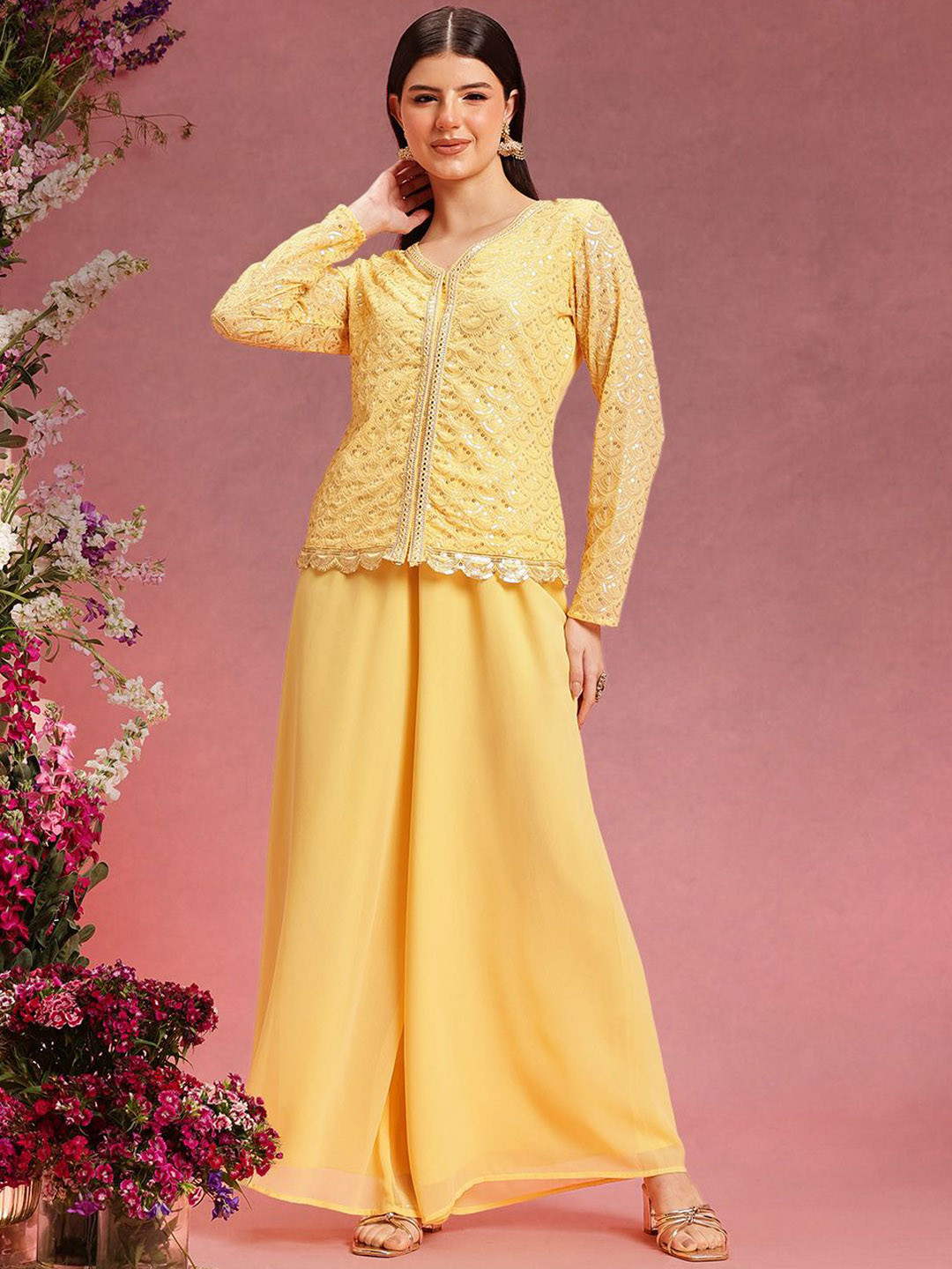 indo street Embroidered V-Neck Top With Palazzos Co-Ords