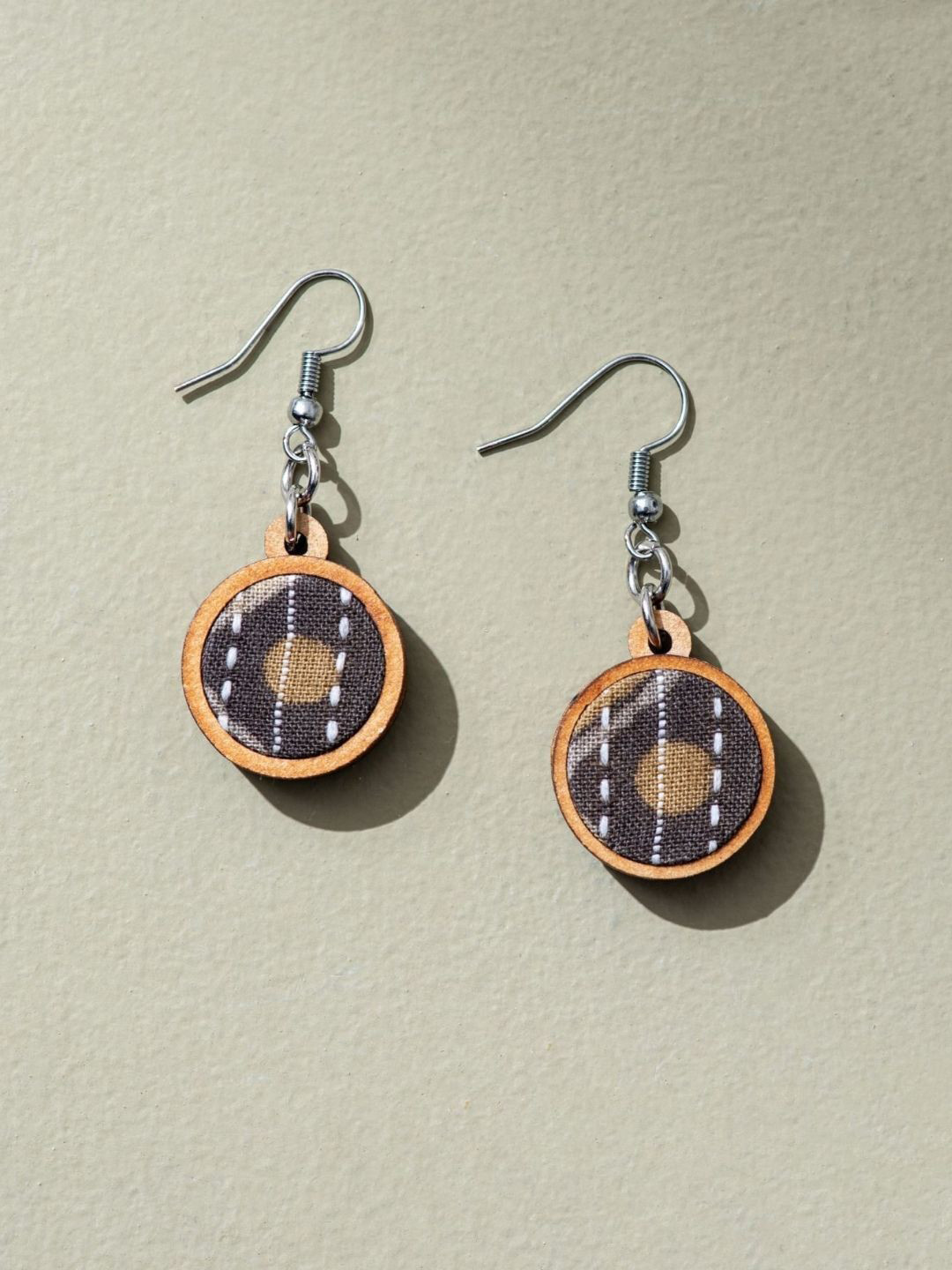 WHE Fabric And Repurposed Wood Circular Shaped Drop Earrings