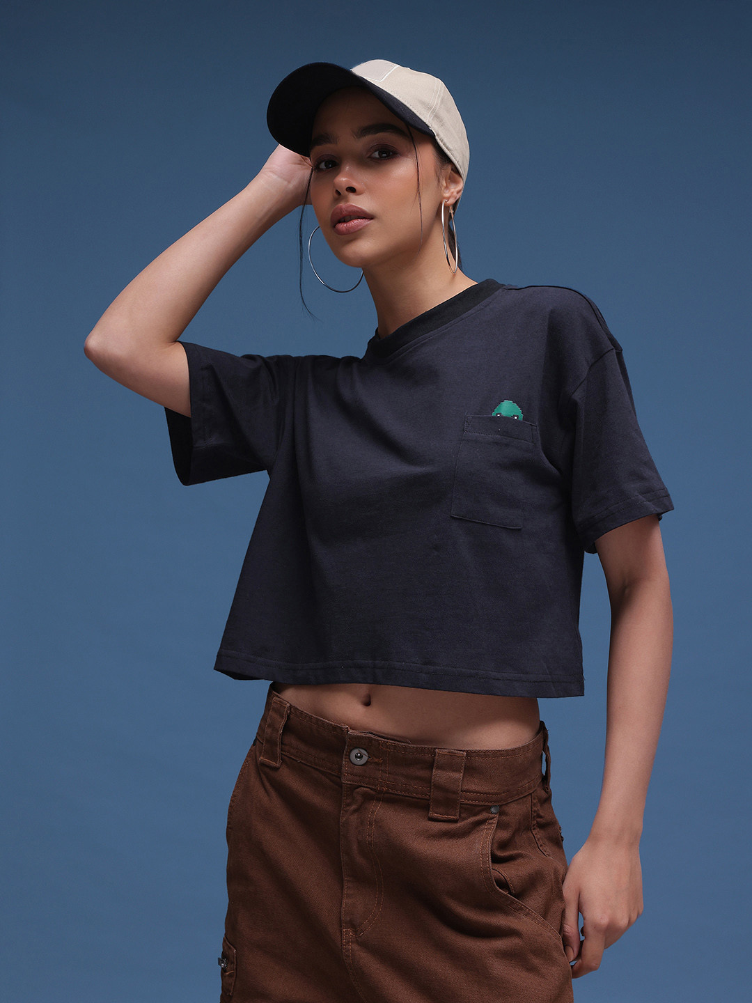 glitchez Pockets Drop-Shoulder Sleeves Pure Cotton Crop Boxy T-shirt