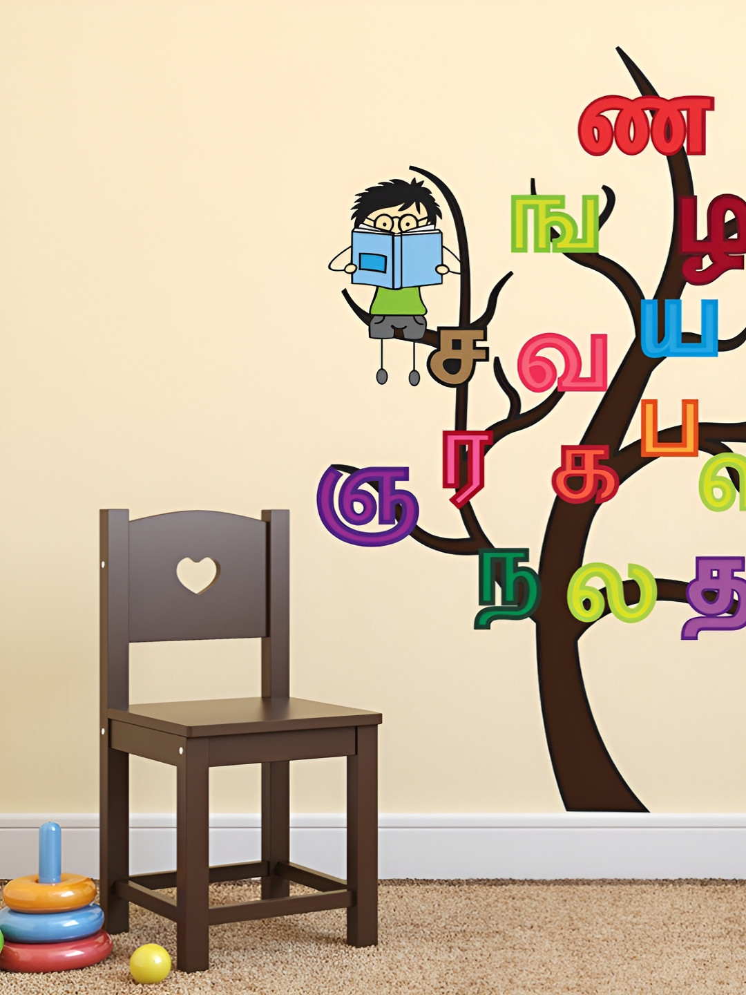LANSTICK Brown & Pink Printed Children With Tamil Letters Wall Sticker