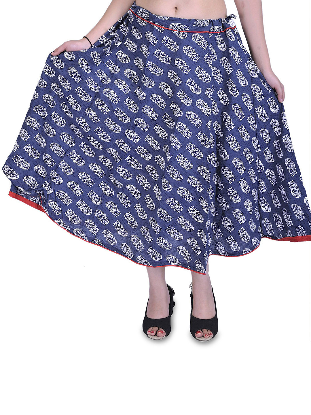 Exotic India Ensign-Blue Drawstring Printed Skirt With Piping
