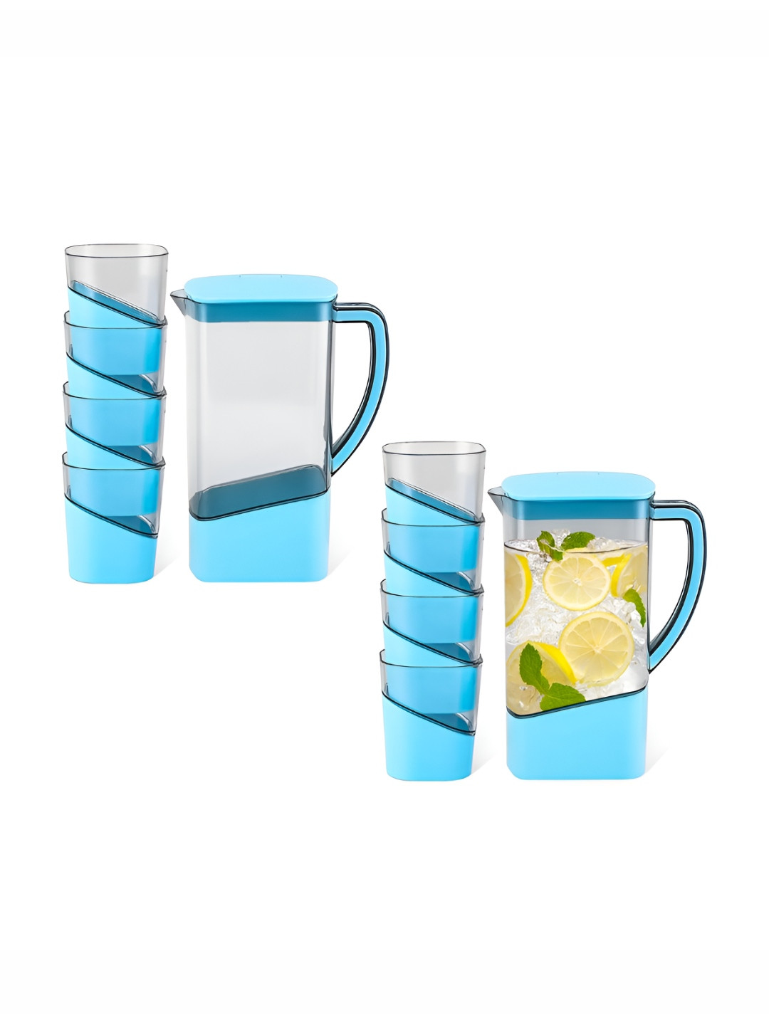 Aura 2 Pcs Set Blue Plastic Water Jug with Lid and 4 Transparent Glass