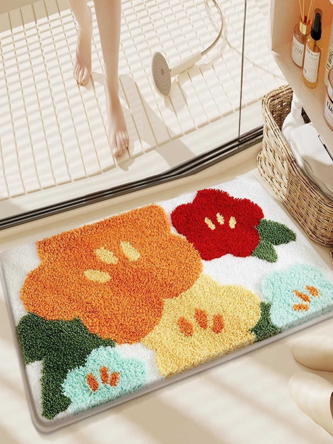 AAZEEM White & Orange Floral Printed Non-Slip Microfibre Bath Rug