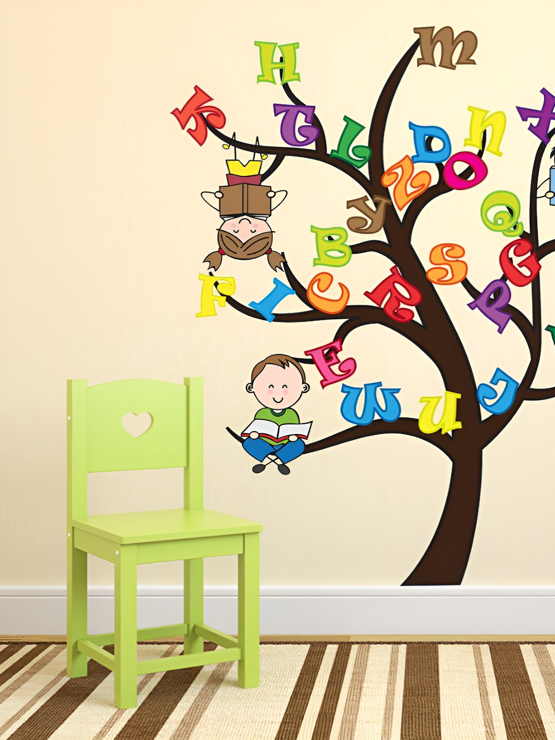 LANSTICK Black & Red Printed Children With Tree & Alphapet Wall Sticker