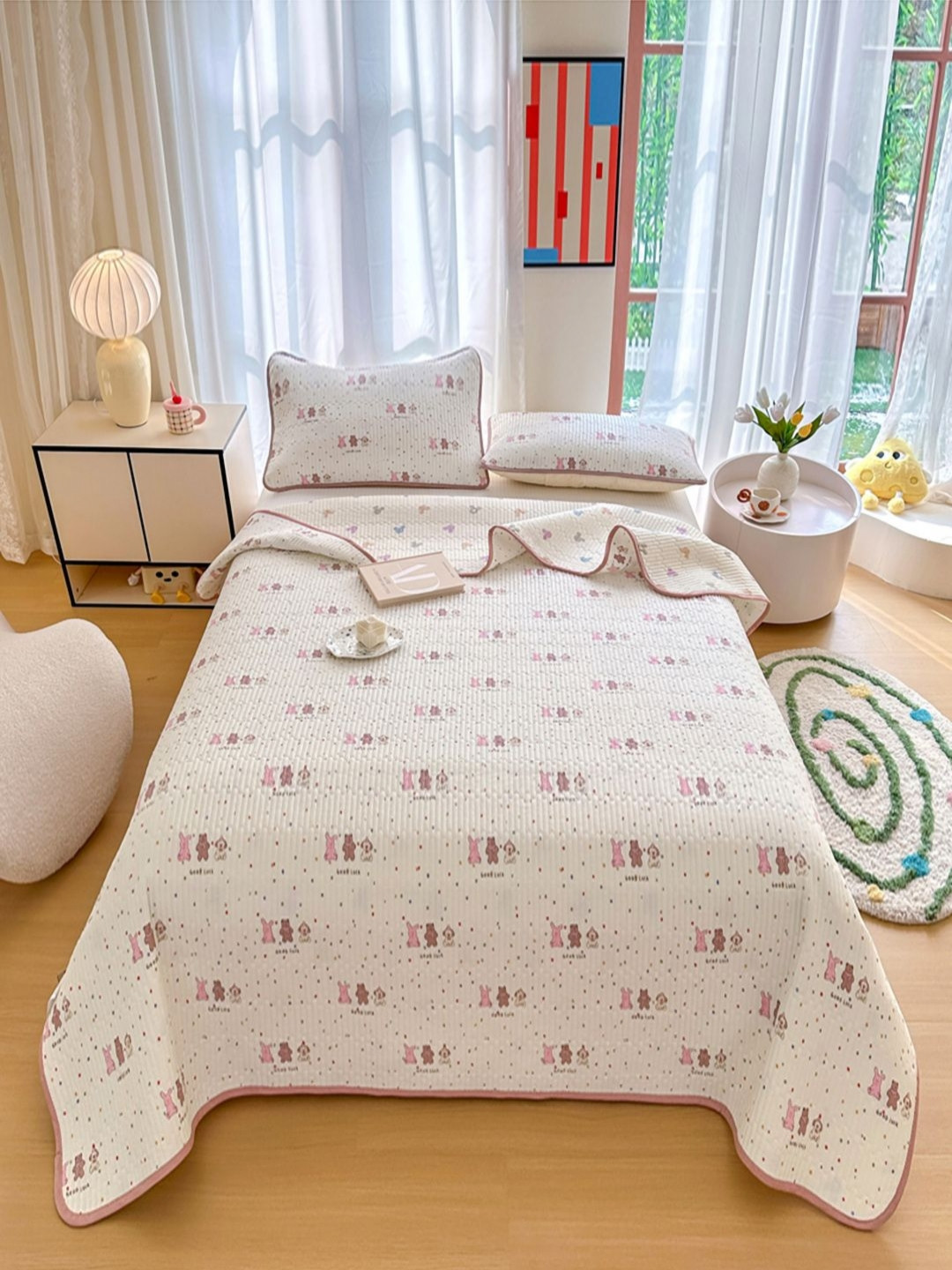 JC HOME White & Pink Cartoon Characters Printed 162 TC Superking Bedcover Set