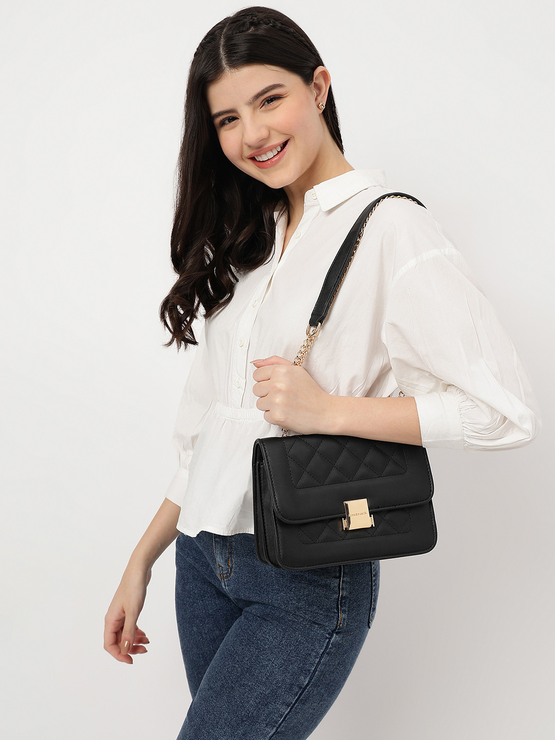 Fastrack Women Solid Structured Quilted Sling Bag with Push-Lock Closure and Chain Strap