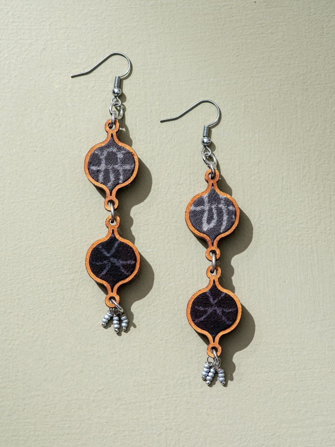 WHE Tribal Motives Repurposed Fabric And Wooden Contemporary Drop Earrings