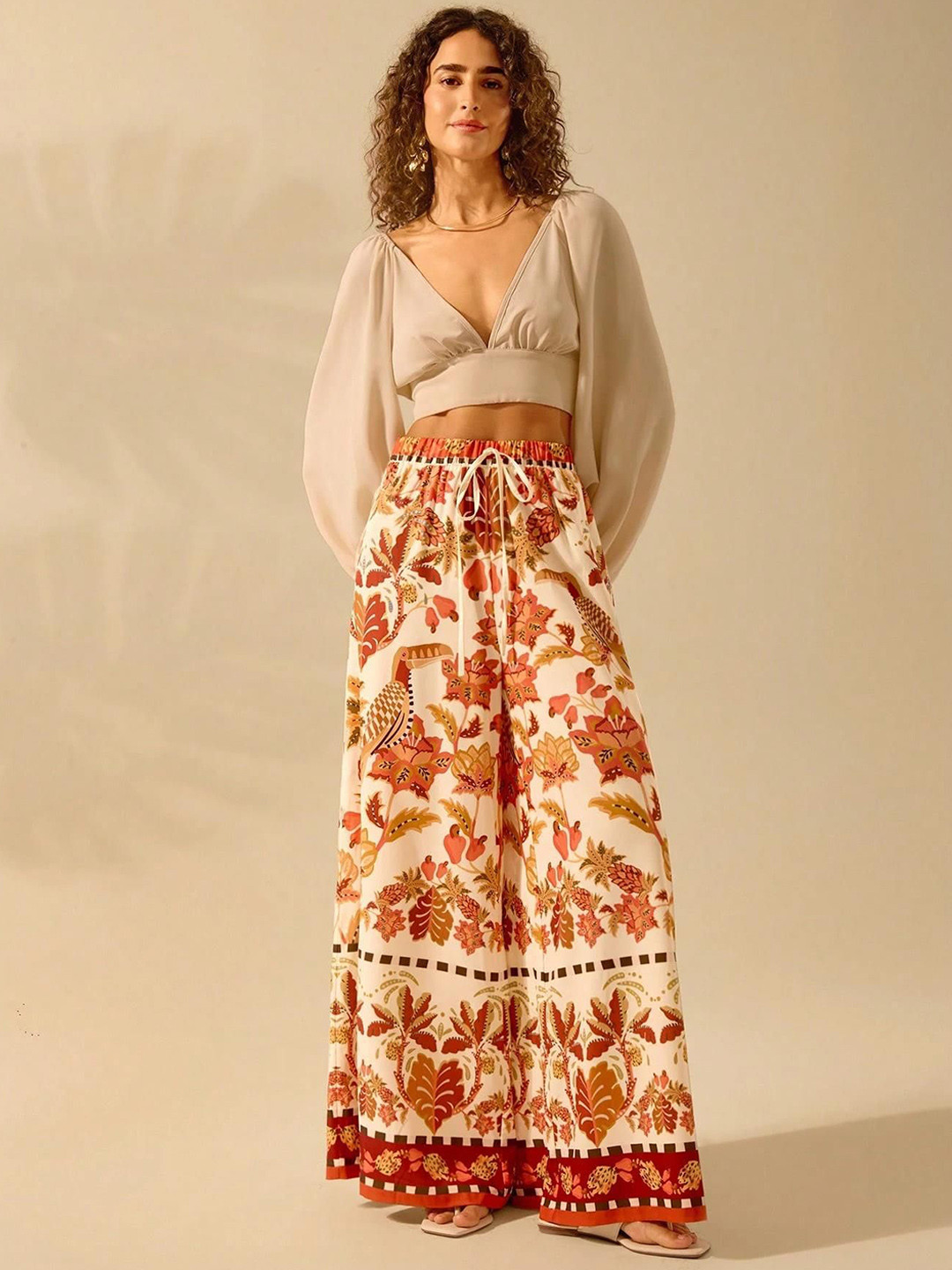 Kotty Women Floral Printed Flared High-Rise Trousers