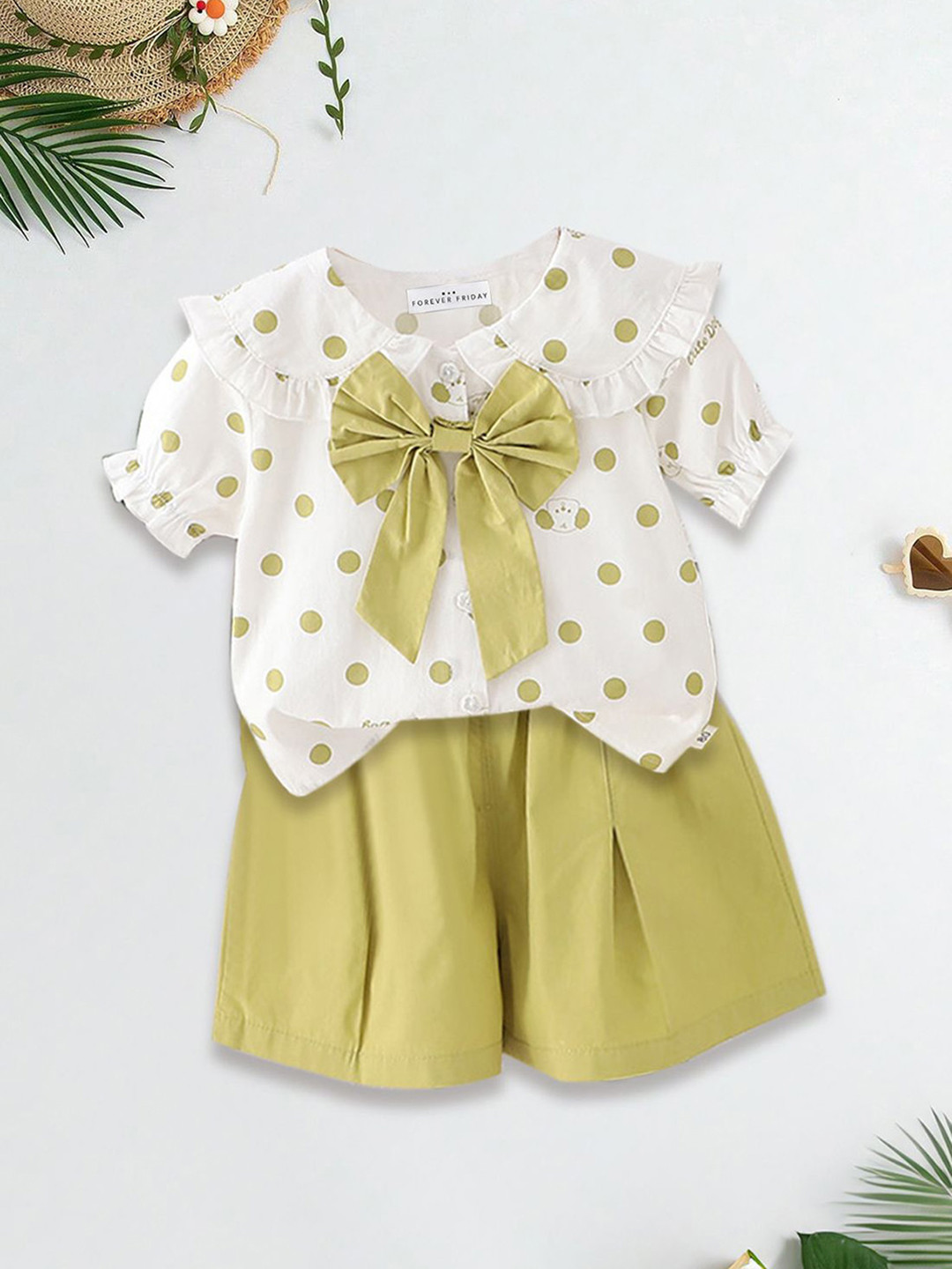 FOREVER FRIDAY Girls Printed Peter Pan Collar Pure Cotton Top With Shorts