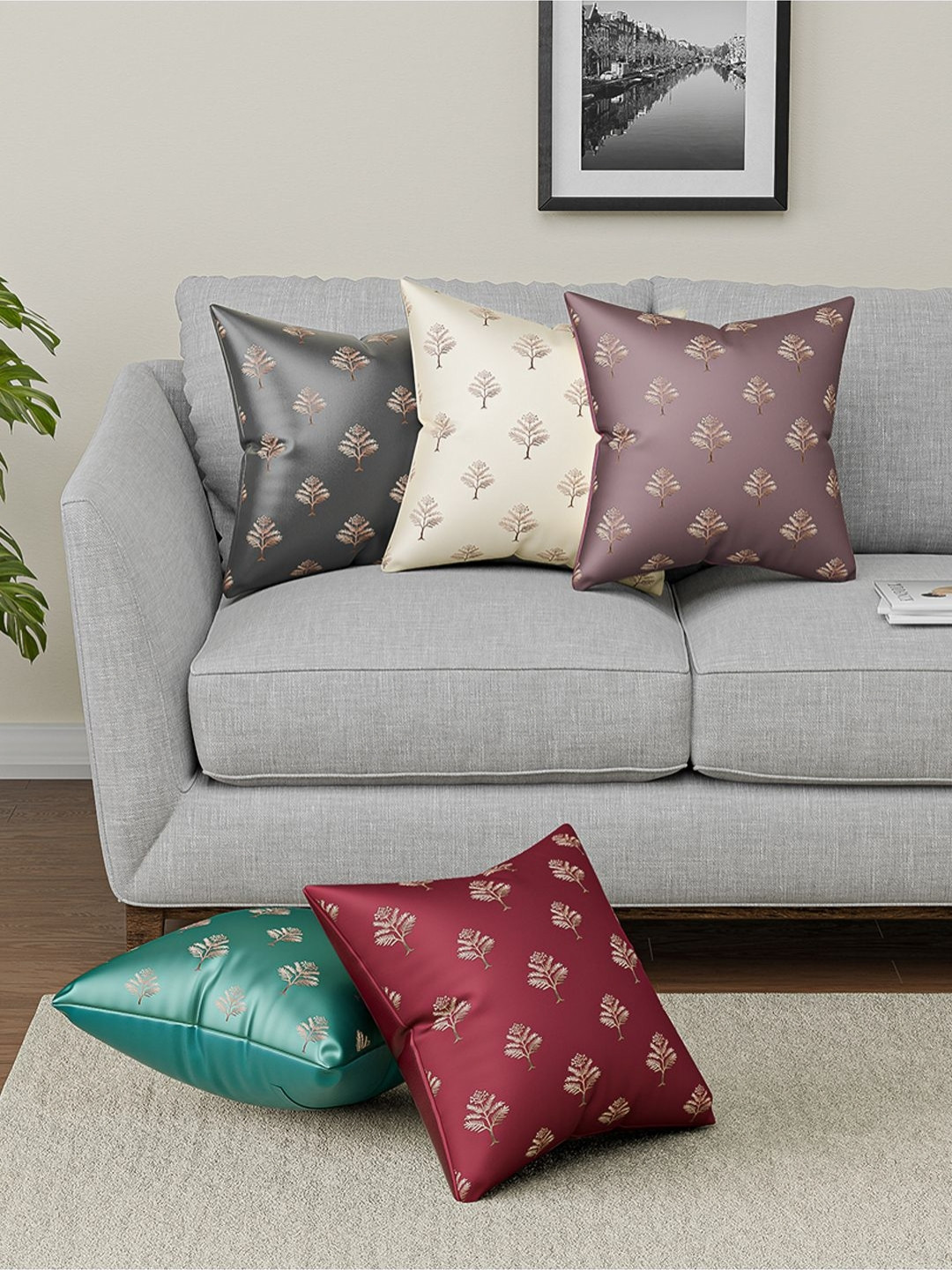 Aura Zip Closure Floral Polyester 5 Pcs Textured Cushion Covers - 16.1 x 16.1 In