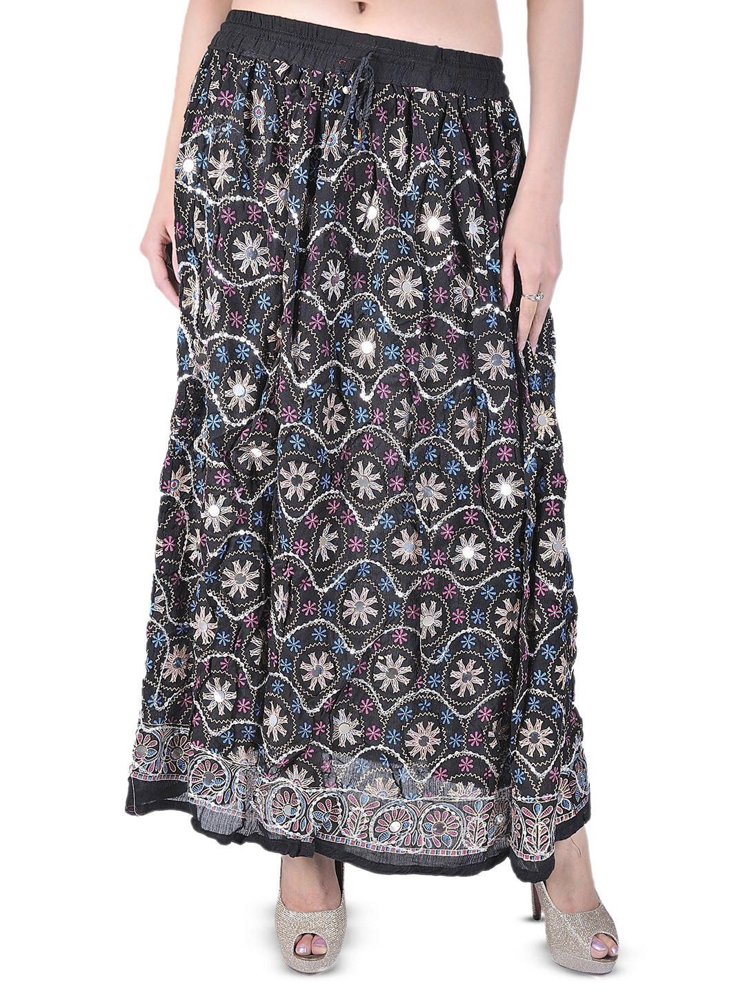 Exotic India Black Long Skirt With All-Over Sequins & Printed Flowers