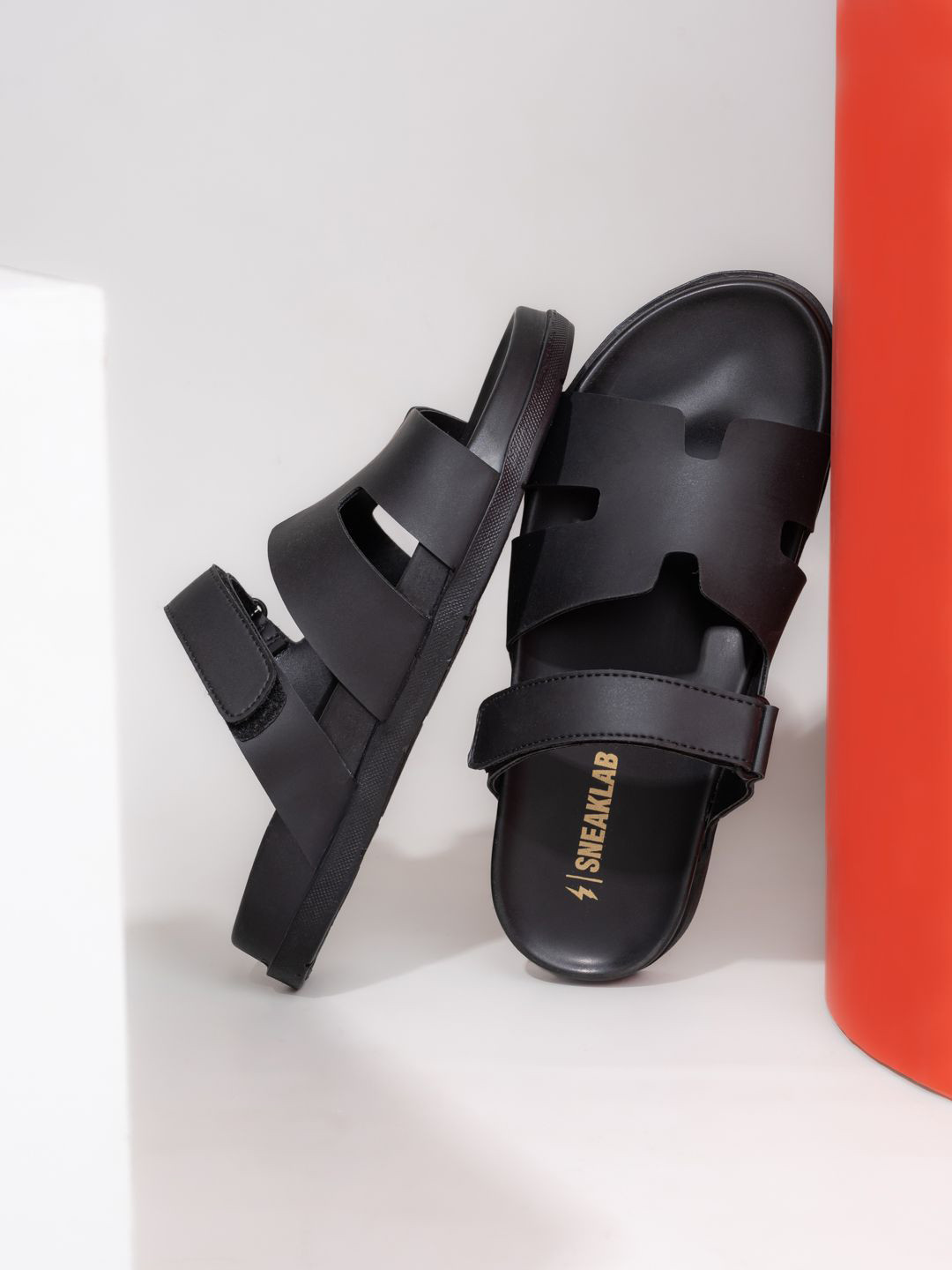 SNEAKLAB Men's Black Vegan Leather Outdoor Casual Sandal