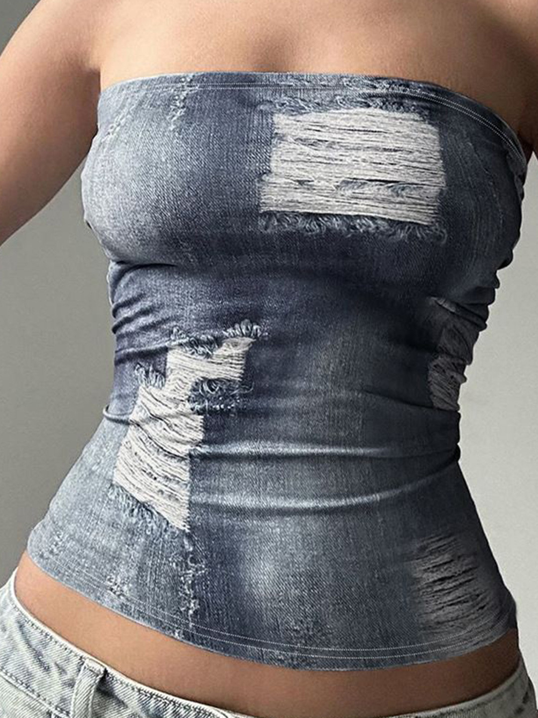 StyleCast x Revolte Women Frayed Denim Tube Crop Top