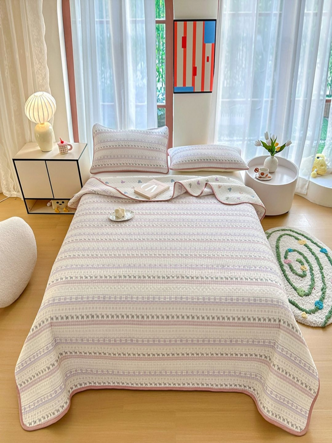 JC HOME Cream & Pink Floral Printed 240 TC Cotton Double Bed Queen Bed Cover Set