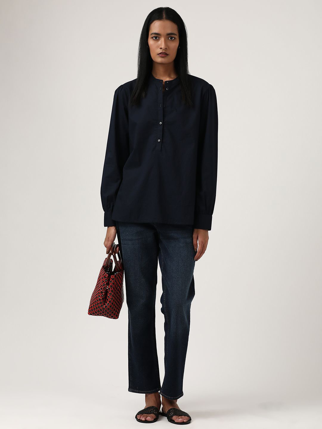 Jolene.club Women Mandarin Collar Cotton Shirt Style Top