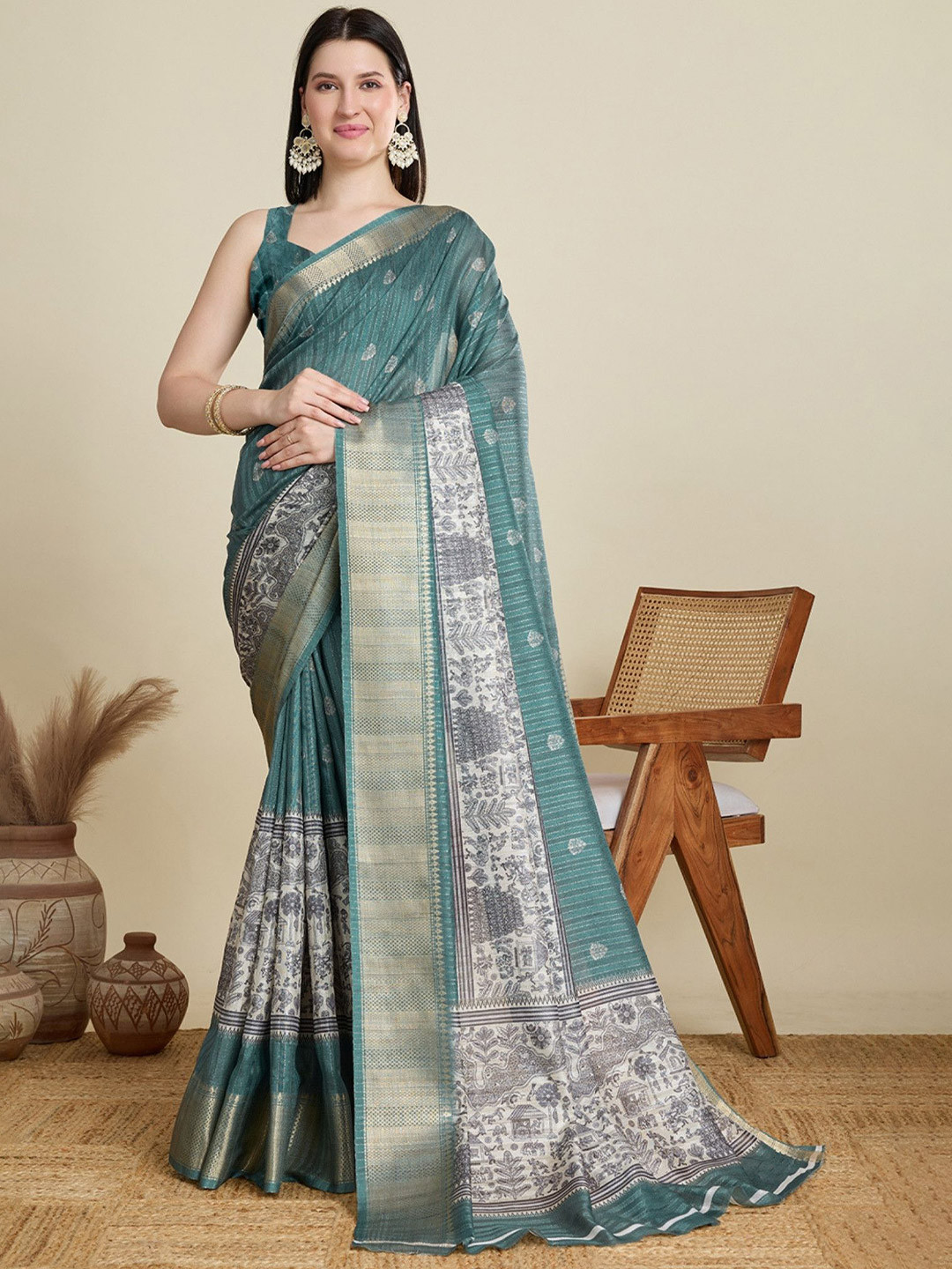 MySilkLove Ethnic Motifs Zari Lawn Green Woven Cotton Saree