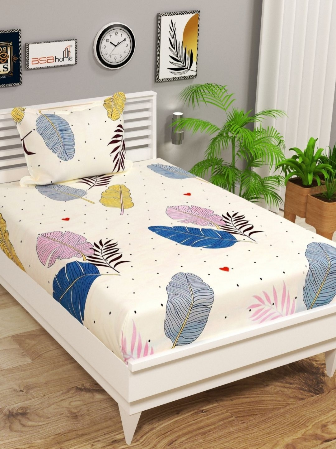 VAS COLLECTIONS Cream-Coloured & Blue Floral 144 TC Single Bedsheet with 1 Pillow Covers