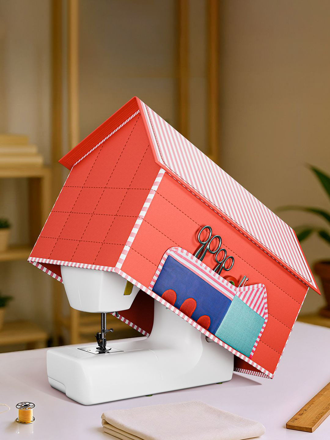 Kuber Industries Red & Blue Printed Sewing Machine Cover With StoragePocket