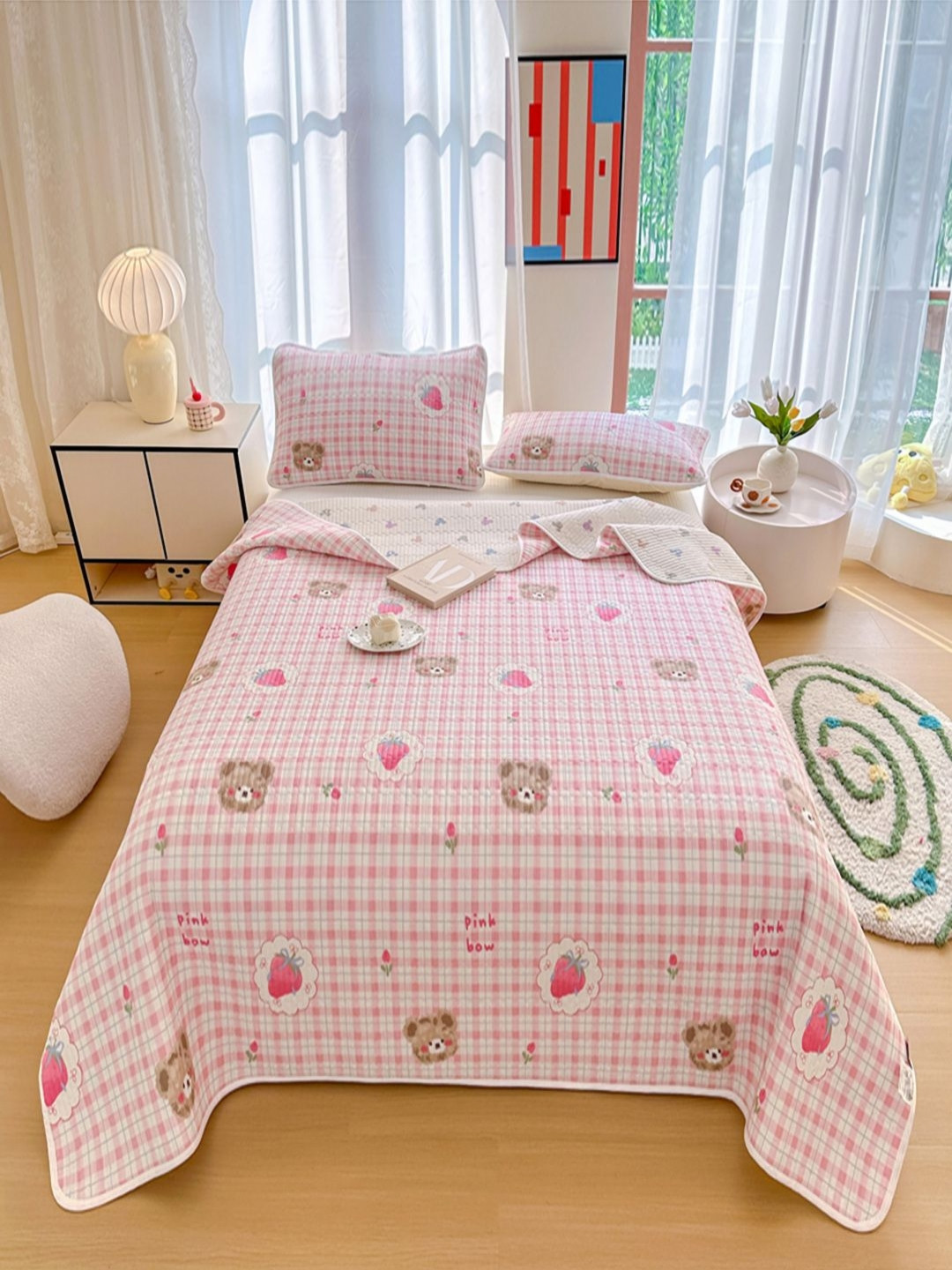 JC HOME Pink & Brown Cartoon Character Printed 240 TC Queen BedcoverSet