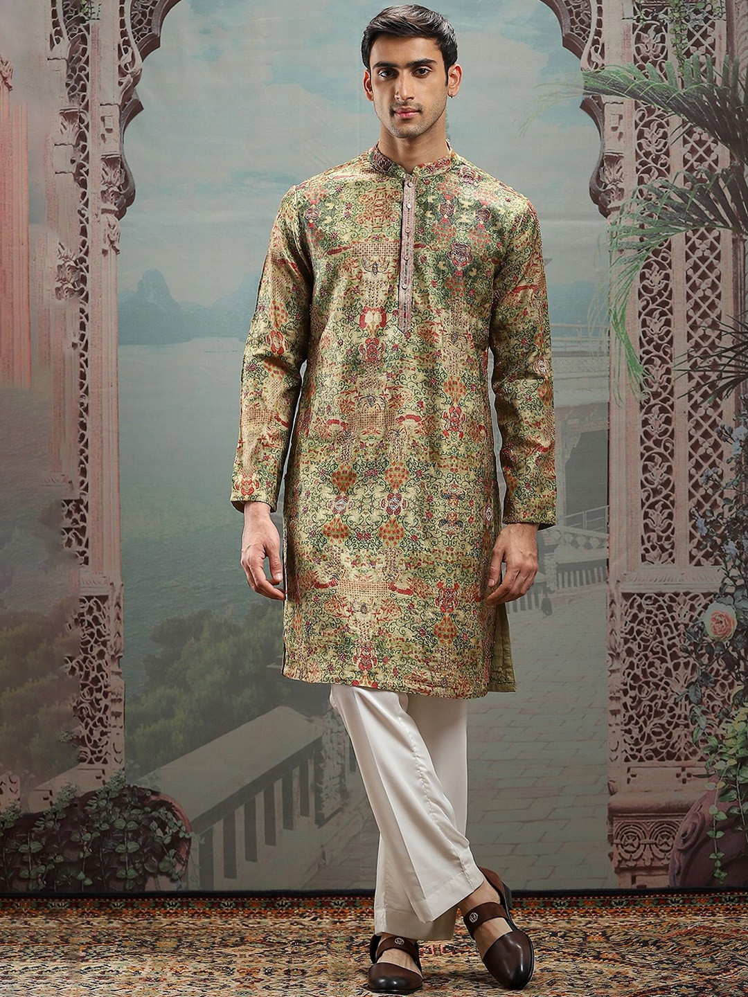 ASUKA Sultan's Verdure Ethnic Motifs Printed Beads & Stones Pure Silk Kurta With Trouser