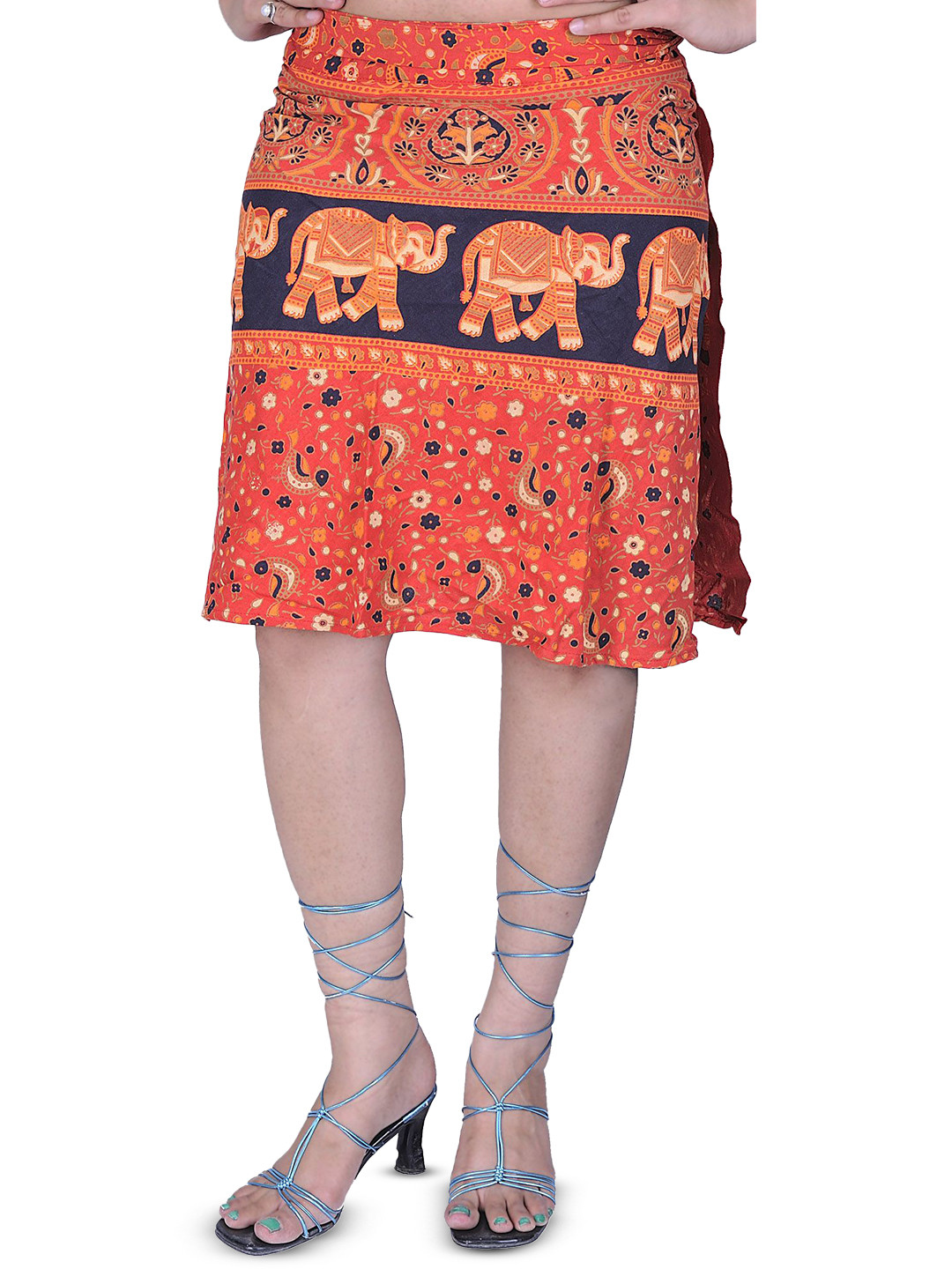 Exotic India Scarlet Wrap-Around Mini-Skirt With Printed Elephants & Flowers