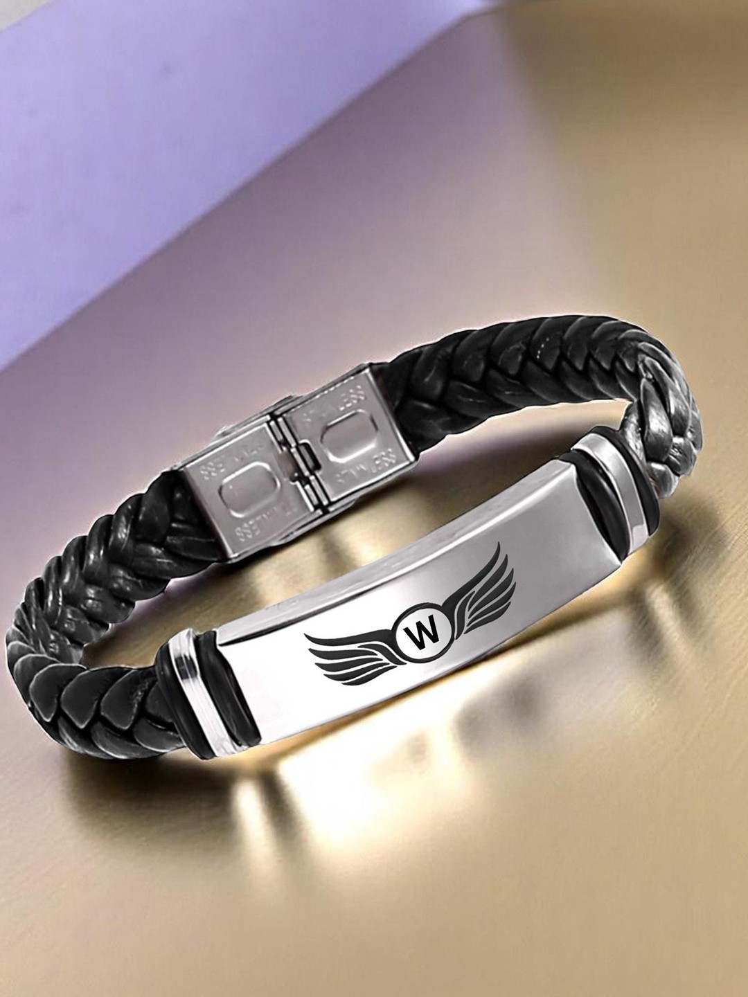 M Men Style W Letter Printed Stainless Steel & Braided Leather Wraparound Bracelet