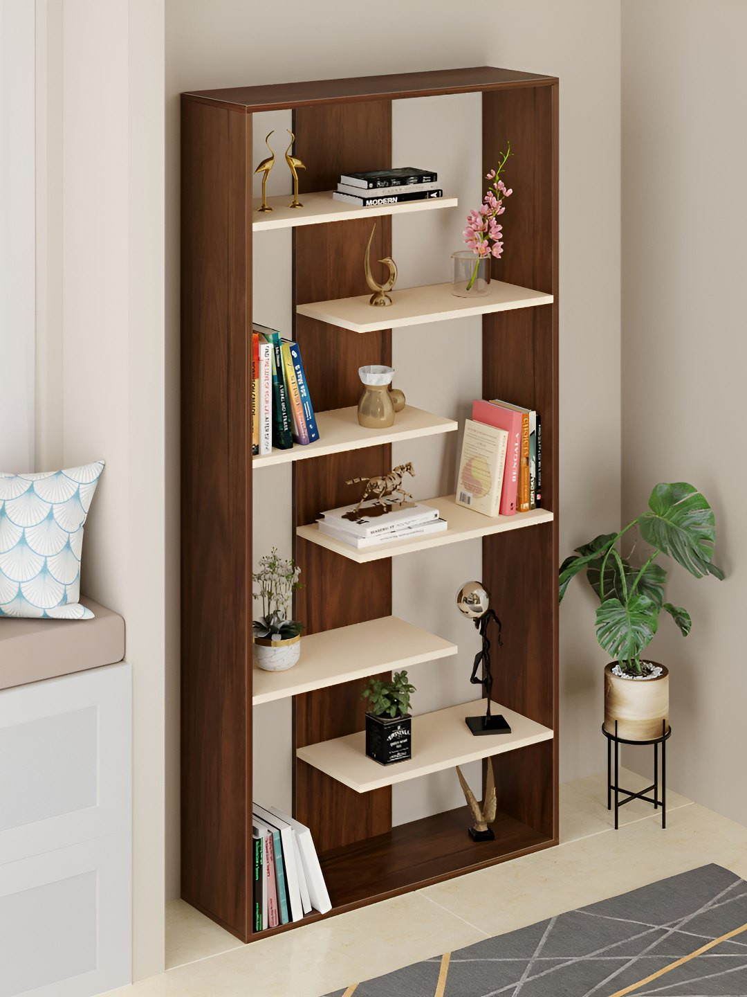 bluewud Maxelle Brown & White 6 Tier BookShelf