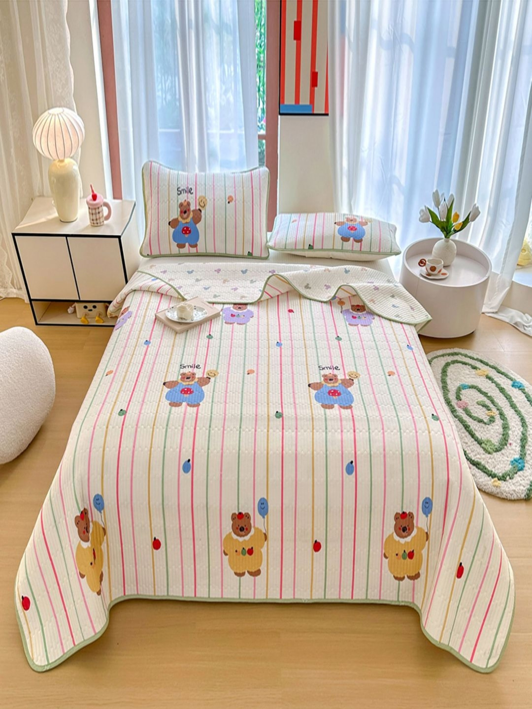 JC HOME White & Yellow Striped Pure Cotton 162 TC Double Queen Bed Cover Set 1.8 m x 2.0 m
