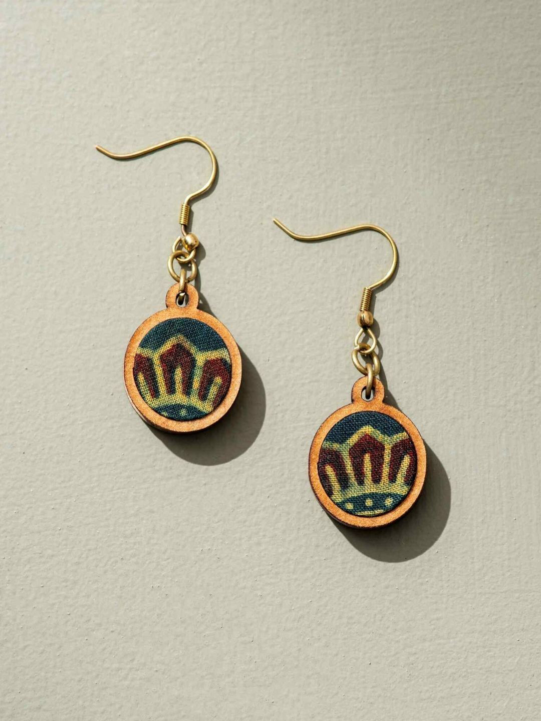 WHE Ajrakh Fabric And Repurposed Wood Circular Shaped Drop Earrings